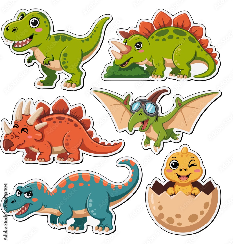 Naklejka premium Surreal Silliness Dinosaur Character Sticker Sheet, Cute Prehistoric T-Rex and Jurassic Animal Vector Icons