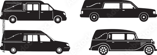 Foto Four black silhouette of different types of funeral hearses and vintage motor ve