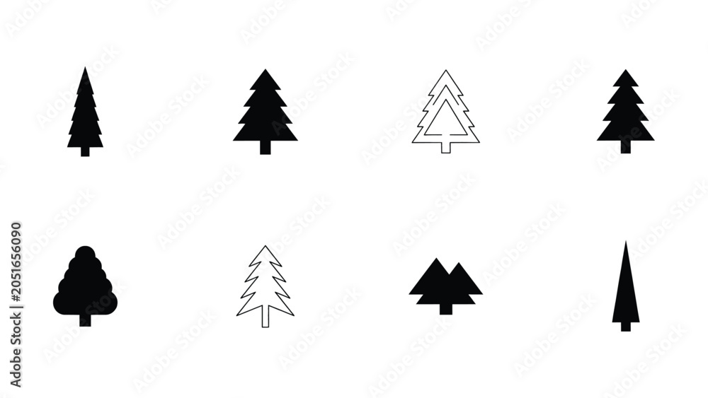 Obraz premium Collection of stylized evergreen trees in various simple vector graphic forms for graphic design projects isolated on a white background