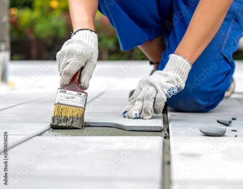 Close-up of a worker in blue overalls and gloves laying rectangular paving stones outdoors with a brush