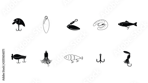 Fotografie Collection of diverse fishing lures and tackle icons for recreational angling an