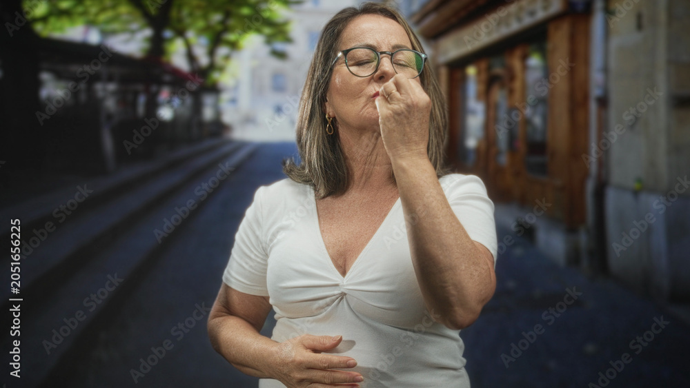 Fototapeta premium Hispanic senior woman with grey hair pinches her nose with fingers on a cobblestone street near shops, eyes closed and hand on stomach reacting to a smell; disgust.