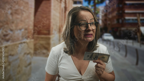 Photos Mature hispanic woman holding banknote near chest on urban street with brick facade and parked car; financial concern