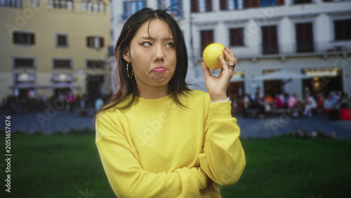 Photography Woman holding lemon, arms crossed and pouting in yellow sweater in front of building; doubt contemplation