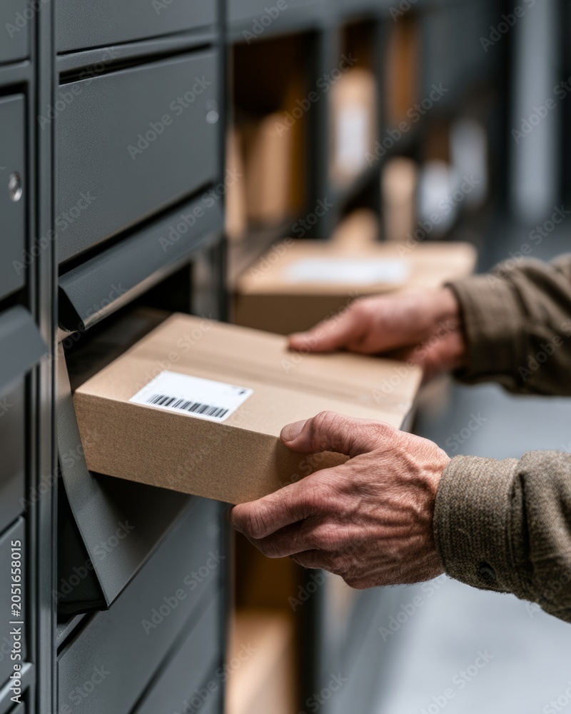 Obraz premium Property manager placing parcel into smart locker bay in package room