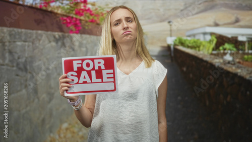 Photography Woman holding red for sale sign with hand, pouting face on street by stone wall and lamp post near pathway; disappointment relocation