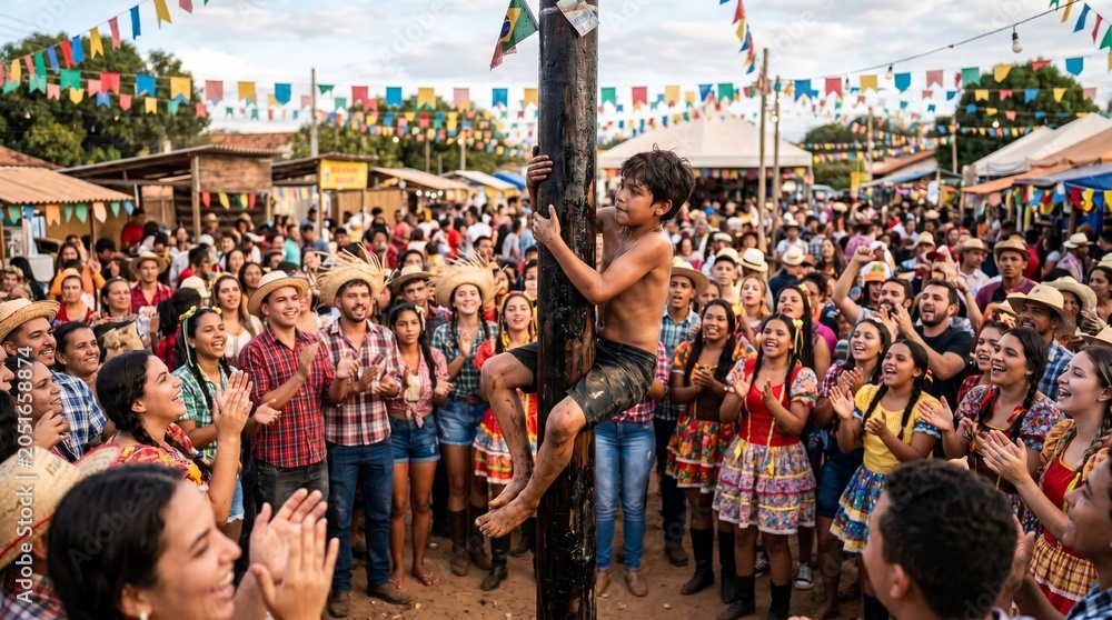 Obraz premium Young boy climbs greased pole at vibrant Festa Junina celebration with cheering crowd and colorful decorations