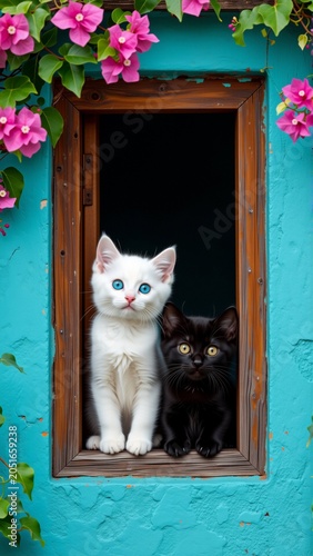 two cats sitting wooden window frame blue wall cat white blue eyes looking directly camera curious expression kitten right black yellow eyes appears looking viewer window frame wood surrounded pink