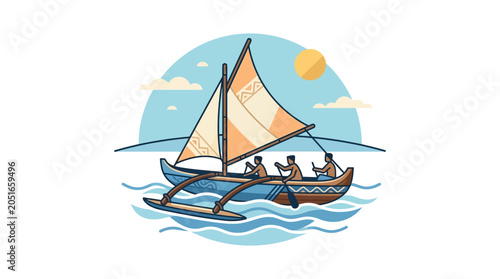 Принти на полотні Traditional Outrigger Canoe Sailing on Ocean with People Rowing