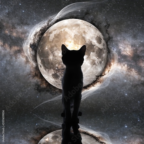Black Cat Silhouette Against a Magical Full Moon