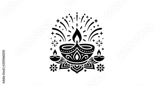 Diya Lamp With Fireworks Black Silhouette Vector Illustration