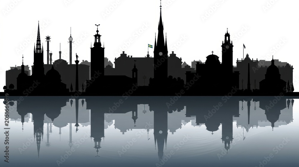Fototapeta premium Silhouette of the Stockholm city skyline, where historic and modern architecture forms a distinct urban outline. Soft atmospheric light emphasizes the calm Nordic mood.