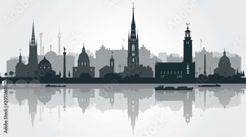 Silhouette of the Stockholm city skyline, where historic and modern architecture forms a distinct urban outline. Soft atmospheric light emphasizes the calm Nordic mood.