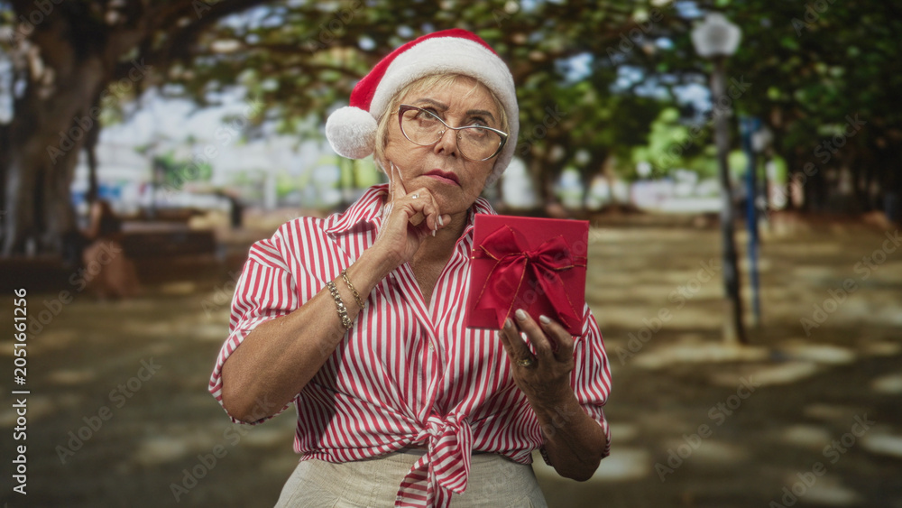 Fototapeta premium Senior woman in santa hat holds red gift box and points finger on a street lined with trees and benches; thoughtful holiday reflection.