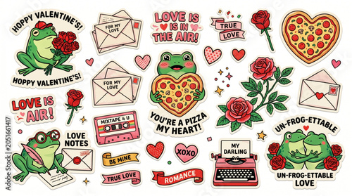 Tableau sur toile Funny Valentine frog halftone art collage cut outs set