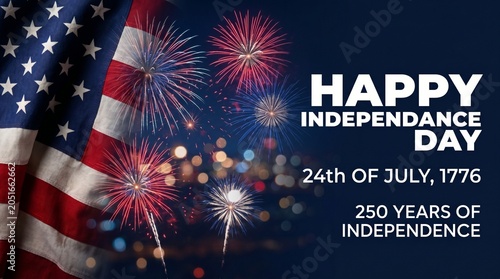Happy independence day celebration with american flag and fireworks, 250 years anniversary concept