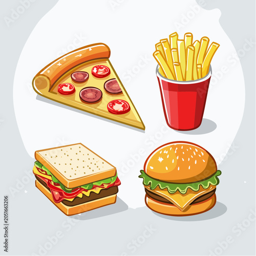 Fast food meal: pizza, burger, sandwich, and french fries