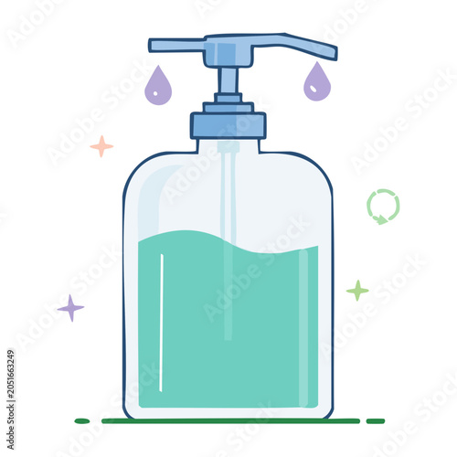 Flat design illustration of a hand sanitizer bottle with drops