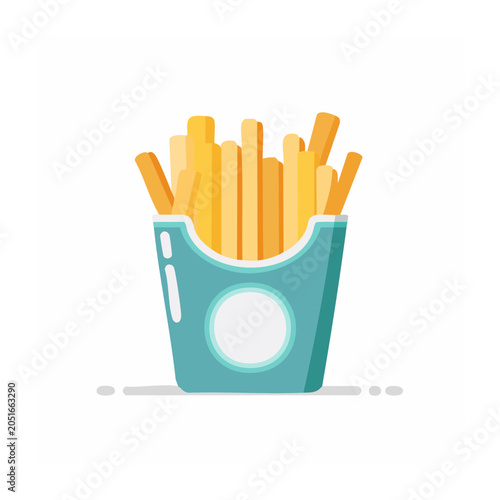 Flat illustration of French fries in a blue paper container