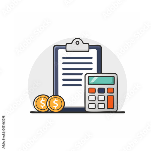 Flat design illustration of calculator, coins, and document
