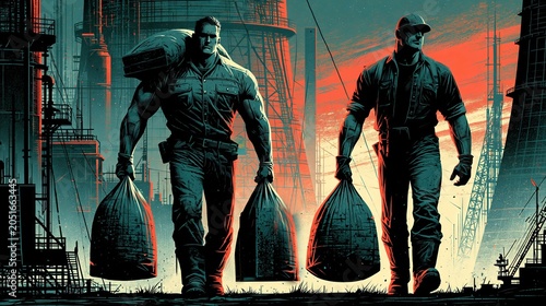 Two construction workers at an industrial site.