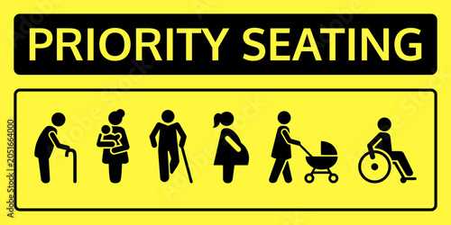 Vector priority seating sign in yellow and black with six pictograms showing elderly with walker, woman holding baby, disabled with cane, pregnant woman, parent with stroller, and wheelchair user.