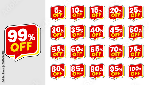 Label Discount Sticker Tag Set with 5, 10, 15, 20, 25, 30, 35, 40, 45, 50, 55, 60, 65, 70, 75, 80, 85, 90, 95, 99, 100 Percent Off Sale Labels and Special Offer Promotion Badges