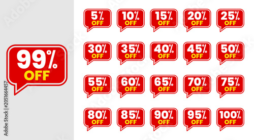 Label Discount Sticker Tag Set with 5, 10, 15, 20, 25, 30, 35, 40, 45, 50, 55, 60, 65, 70, 75, 80, 85, 90, 95, 99, 100 Percent Off Sale Labels and Special Offer Promotion Badges