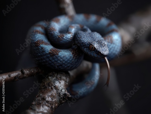 Portrait of blue mangrove viper on branch with tongue sticking out in studio photography of venomous reptile and dangerous wildlife from tropical asia with unique coloration