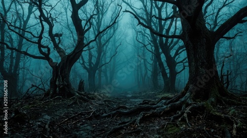 Eerie halloween forest path dark woods twisted trees and spooky atmospheric scenery