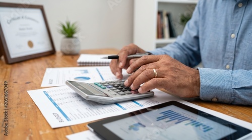 Man using calculator on wooden desk with budget document and tablet. Financial planning, bookkeeping and accounting concept for tax season