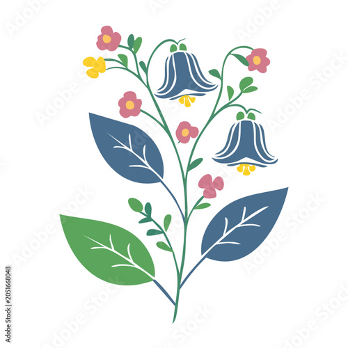 Flat design illustration of a blue bellflower branch with leaves