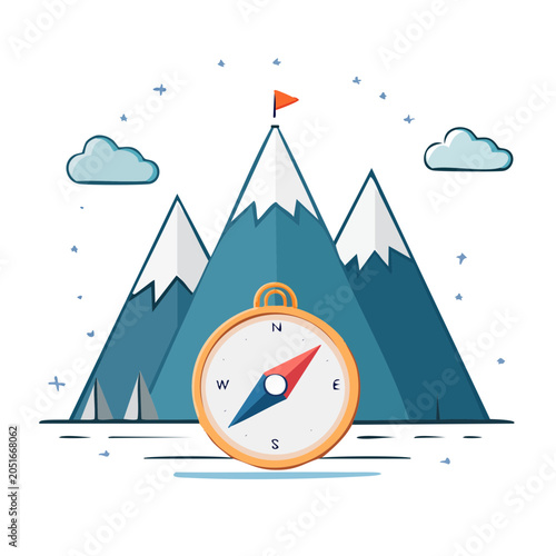 Flat design illustration of compass in front of mountains with flag