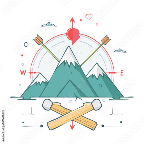 Flat design illustration of mountains with compass and climbing gear