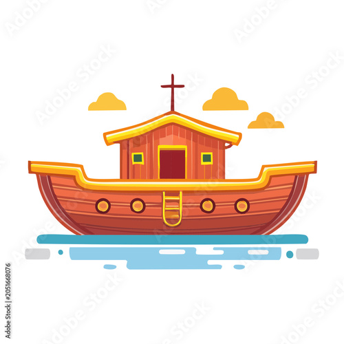 Flat design illustration of Noah's Ark on water