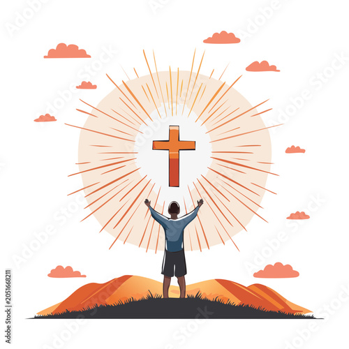 Person with arms raised in prayer towards a glowing cross