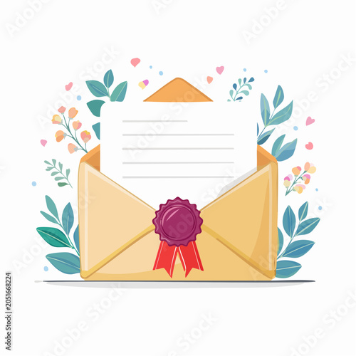 Open envelope with letter, seal, and floral decoration