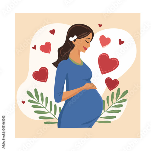 Pregnant woman with heart symbols and leaves