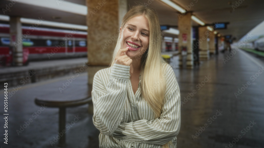 Fototapeta premium Woman blonde young touching lip with finger while smiling on train platform in building near marble pillars; cheerful wanderlust.