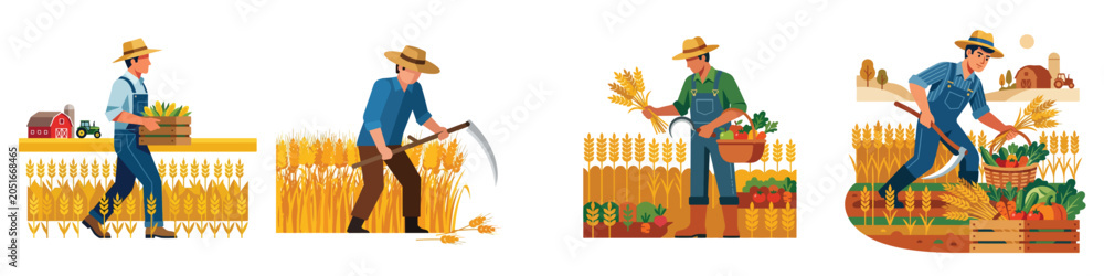 Fototapeta premium Collection of flat vector illustrations depicting hard working farmers harvesting fresh seasonal crops and wheat on agricultural land