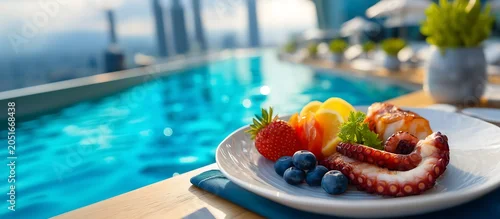 Obraz  z motywem Poolside Gourmet Appetizers with City View