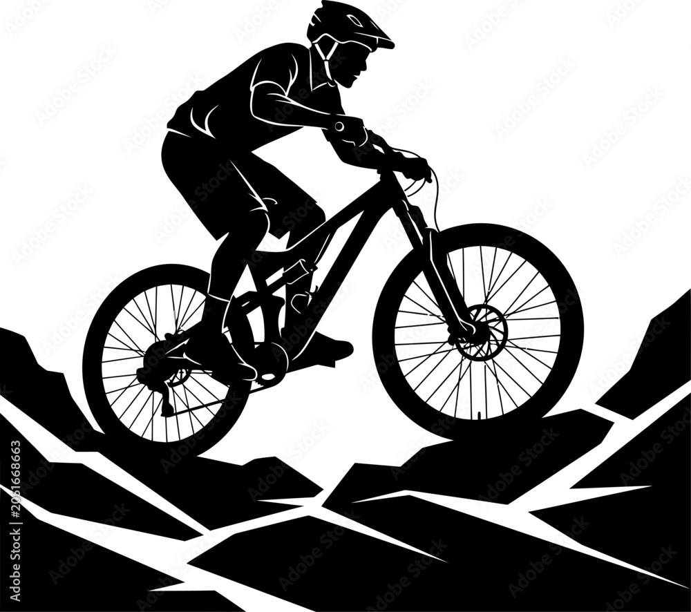 Naklejka premium Mountain bike cyclist silhouette performing extreme downhill sport with mountain silhouette downhill