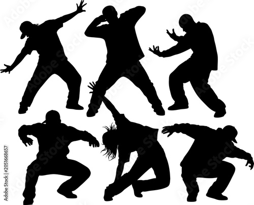 Foto Group of dancers in dynamic hip hop street dance poses silhouettes with silhouet