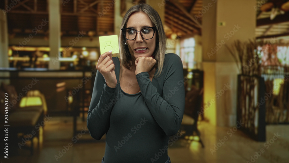 Fototapeta premium Woman with glasses and blonde hair holding a sad yellow postit note, hand under chin and biting lip in a hotel building lobby; anxiety.