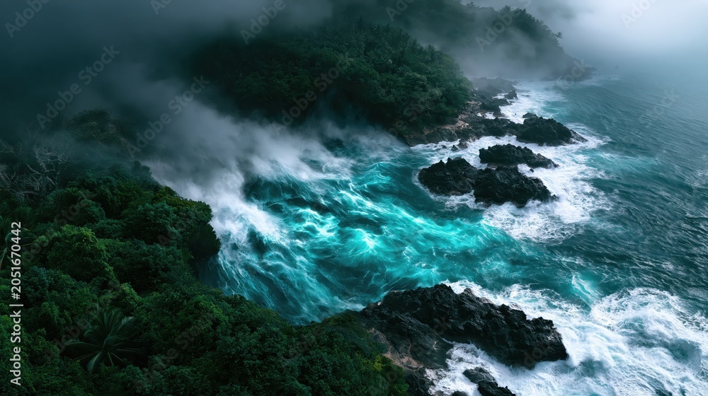 Obraz premium Aerial view of a wild tropical coastline with turquoise ocean waves crashing against rocky cliffs surrounded by dense jungle and dramatic mist.