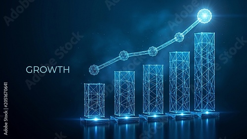Digital Data Visualization Representing Business Success and Financial Growth Trends with Connected Network Nodes and Rising Bar Chart Graphics