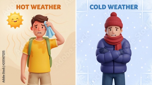 3D cartoon illustration depicts the contrast between extreme hot summer weather and freezing cold winter conditions with two different characters.