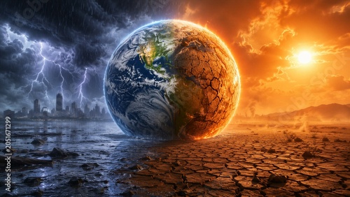 Conceptual image of planet Earth divided into a dry desert landscape with intense sun and a stormy rainy side with lightning strikes.