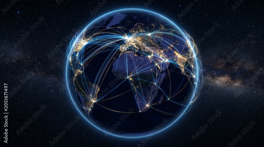 Naklejka premium Digital Network Connecting Earth to Space with Glowing Data Streams
