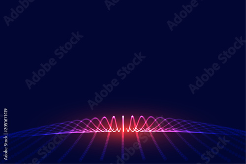 Sound Wave Equalizer with Red Orange Glow on Horizon. Abstract Futuristic Audio Visualization Design with Symmetrical Light Rays